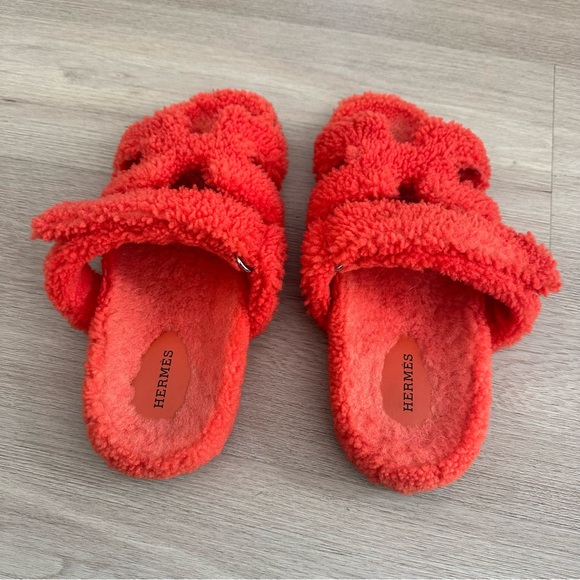 Hermes Orange Shearling Chypre Sandals Sz 40.5 - Picture 6 of 14